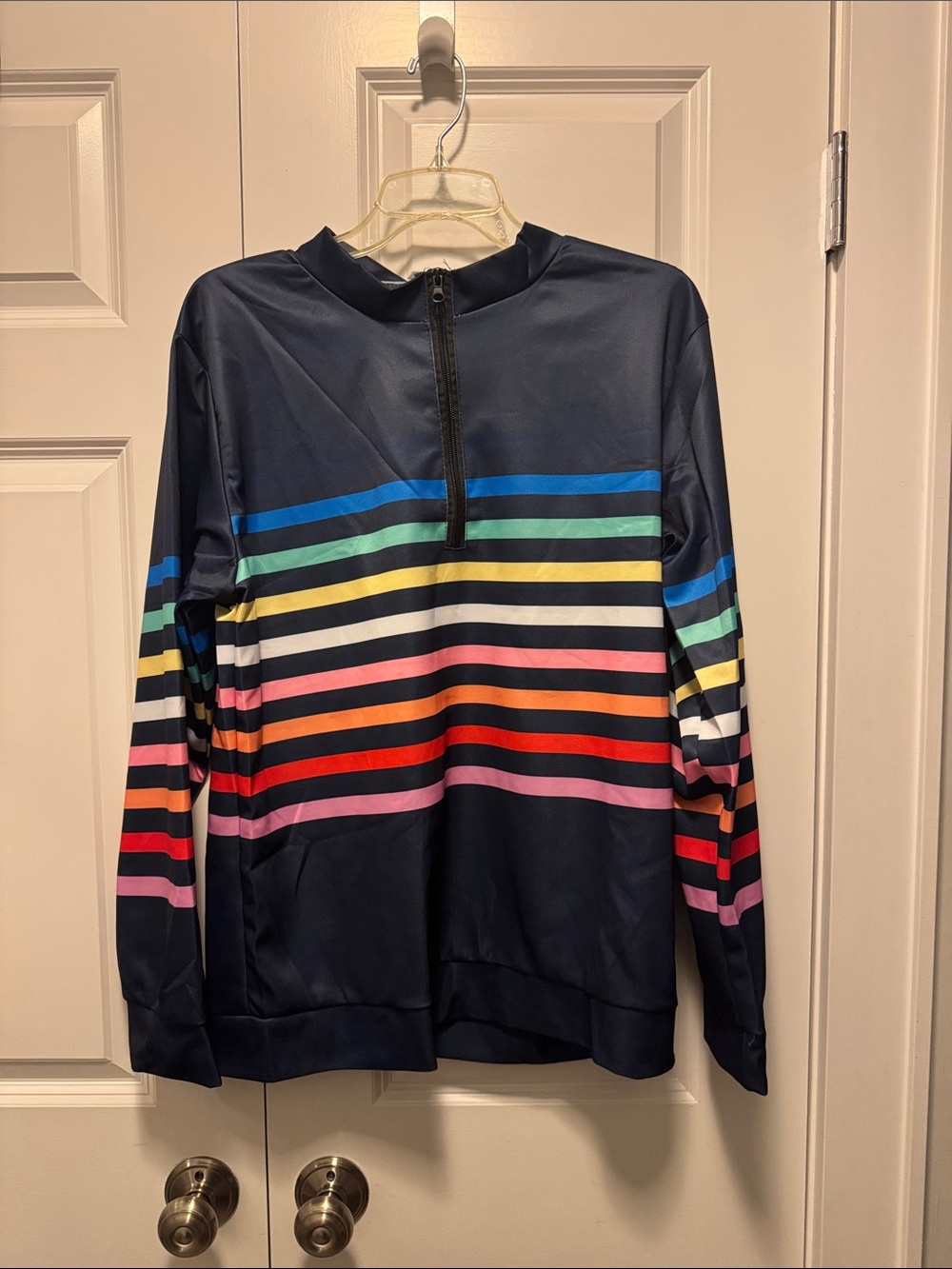 Women's Navy Half-Zip Sweatshirt with Rainbow Stripes